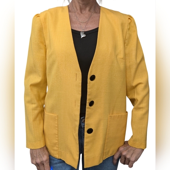 Vintage Retro Caron Chicago Linen Mustard Yellow Collarless Blazer Jacket - Picture 10 of 12
